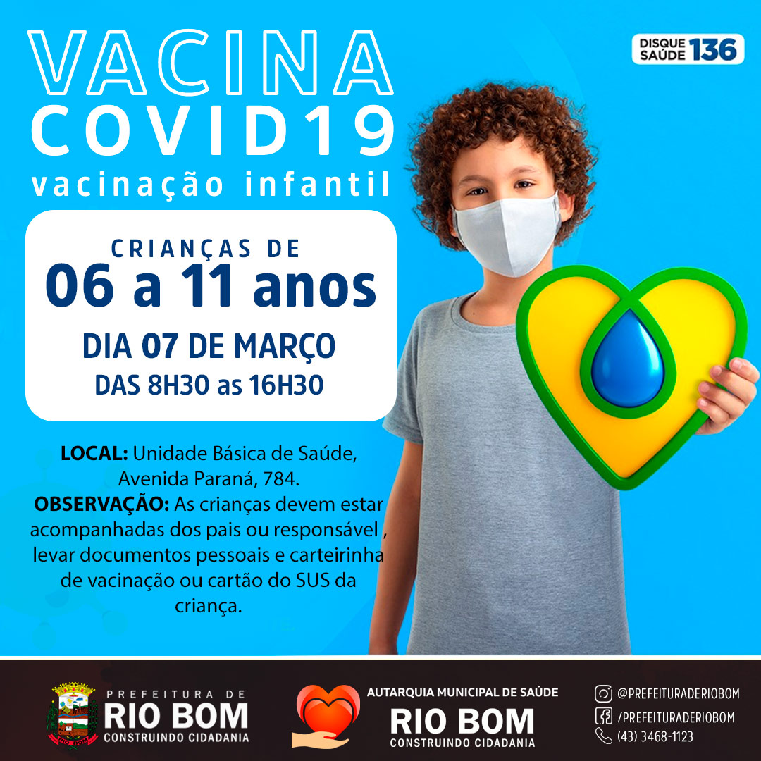 Comunicado Covid-19: Vacinação para crianças de 06 a 11 nesta segunda-feira, 07