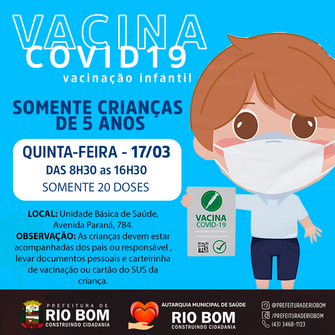 Comunicado Covid-19: Vacinação apenas para crianças de 05 anos nesta quinta-feira, 17