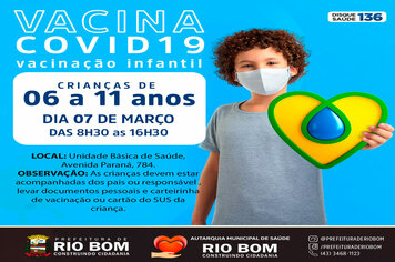 Comunicado Covid-19: Vacinação para crianças de 06 a 11 nesta segunda-feira, 07